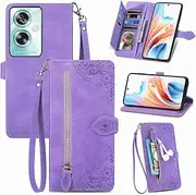 SATURCASE Case for Oppo A79 5G / Oppo A2 5G, Flower Embossing PU Leather Flip Magnet Wallet Zipper Pocket Stand Card Slots Lanyard Protective Cover for Oppo A79 5G / Oppo A2 5G (Purple)