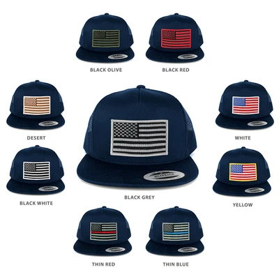 FLEXFIT 5 Panel American Flag Patched Snapback Mesh Back Navy Cap