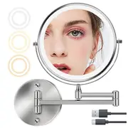 Rechargeable Wall Mounted Lighted Makeup Mirror 10X 8-inch Wall Mounted Magnifying Makeup Mirror with LED Light Dual Side