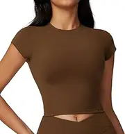 [FUNSEED] Women's Baselayers Casual Tight Short Sleeve Fitness Sports Underwear Top, Brown, M