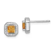 Sterling Silver Rhodium Plated Square Dark Yellow And Clear Cz Post Earrings
