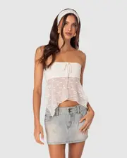 EDIKTED Womens Embroidered Sheer Strapless Top CREAM
