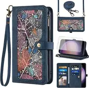 Phone Case for Samsung Galaxy S23 5G Wallet Cover With Tempered Glass Screen Protector and Crossbody Wrist Strap Leather Flip Pattern Zipper Card Holder Cell S 23 23S GS23 G5 SM-S911U 6.1 inch Blue