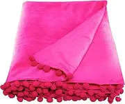 Ragged Rose 140 cm x 180 cm Throw Blanket - Pom Pom Throw Made of Cotton Velvet with Pompom Trims on Sides - Versatile Cotton Velvet Blanket for Sofa & Bed