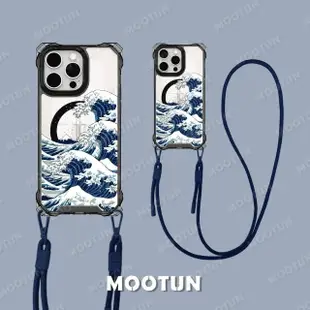 【MOOTUN沐盾】iPhone15 14 13 Pro Max 磁吸掛繩手機殼MagSafe 浮世繪海浪黑框(附手機掛繩)