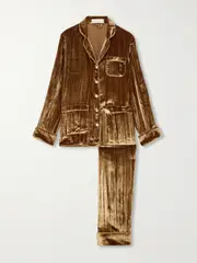 [Olivia von Halle] Olivia von Halle - Coco Piped Crushed Velvet Pajama Set - Bronze - x small x small Metallic