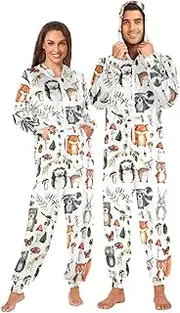 [Joisal] Woodland Creatures White Adult Onesie Pajamas, Non-fade, Vibrant Colors, Adult Sleepwear