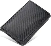 [FLYTENG] Holder Pop Up Wallet Automatic Leather Slim Credit Card Holder RFID Blocking Metal Double Card Case for Men and Women PU Fiber Black (Black)