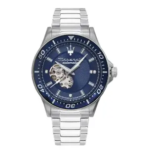 【MASERATI 瑪莎拉蒂】Sfida系列 銀框 藍面 小鏤空自動機械手錶 男錶 母親節(R8823140007)