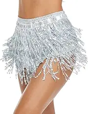 [YTJYZB] Women's Classic Sequin Tassel Skirts Adjustable Rave Fringe Hip Scarf Sparkle Ballet Belly Dance Party Mini Tutu Petticoat Skirt for Festival Cosplay Costume