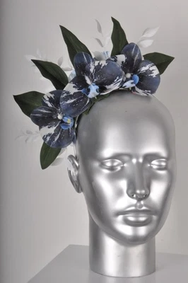 White Cream Cobalt Blue Fern Phalaenopsis Orchid Spray Floral Fascinator Head...