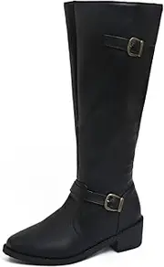 [ZJWBB] Women's Knee High Boots Wide Calf Flat Low Heel Side Zipper Faux Leather Fashion Riding Boot for Fall and Winter Wear for Women
