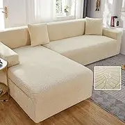 Waterproof Velvet Sofa Slipcover for L Shape Corner Sofa Non Slip Couch Seat Cushion Covers with Elastic Straps Washable Furniture Protector for 3 Seater Sofa Beige