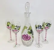 Essentials & Beyond Hand-Painted Grapes Decanter & 4 Glasses Wine Bar Set NWT