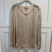 NWT Philosophy Women’s Pleated Shoulder Champagne Peasant Blouse Top Satin Sz L