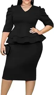[ONTINVA] Women V-Neck Plus Size Peplum Dress Church Wear to Work Bodycon Short Sleeve Midi Dresses