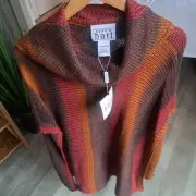 NEW Keren Hart S/M Long Tunic Sweater Cowl Neck Poncho Red Orange Boho Chic
