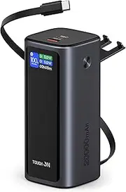 [TOUGH ON] Laptop Power Bank, 20000mAh 130W Fast Charging 3-Port USB C Portable Charger, Built-in Retractable Cables & Phone Stand, Battery Pack for iPhone 16/15 Series, MacBook, Samsung, iPad, Dell