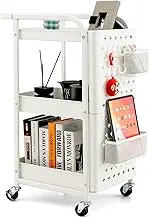Giantex 3-Tier Rolling Cart, Utility Storage Organizer Cart w/Dual DIY Pegboards, 2 Baskets, 4 Hanging Hooks, Art Craft Trolley w/Handle & Lockable Wheels, for Kitchen, Garage, Office(White)