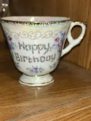 Happy Birthday Tea Cup with Royal Gold Accents & Pearlescent Color Birthday Gift