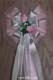 6 PINK ROSES with 2 tones PINK/SILVER flora Satin Ribbon Pew Bows