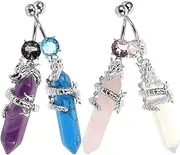 [LALADEFIEE] 4pcs Belly Button Rings Set for Women Decorative Navel Jewelry with Amethyst Rose Quartz Opalite & Dangle Body Piercing Accessories for Teens, 6x1.5cm, zircon, metal, zircon, metal