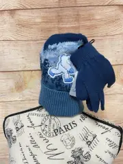 Kids Winter Cuffed Blue Snowman Beanie Hat & Gloves Set Abominable Snowman