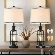 26.3”Table Lamps Set of 2 with USB Charging Ports,Farmhouse Bedside Black