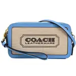 COACH CI026 燙印LOGO帆布拼接手提/雙拉鍊斜背包.藍邊