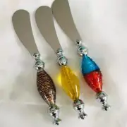 PATE SPREADER DIP CHEESE SPREADERS SET OF 3 VENETIAN GLASS HANDLES BOXED NEW #7