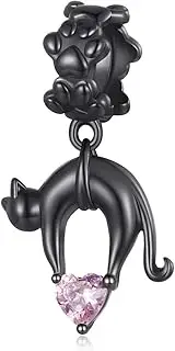 [DOYIS] 925 Sterling Silver Black Cat Charms Fits Pandora Bracelet Heart Cubic Zirconia Charm Bead Women Jewellery, Cubic Zirconia, Cubic Zirconia