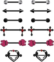 [Wasise] Nipple Bars - 6PCS 3G Black Alloy Nipple Piercing Jewellery for Women & Men, Gothic Nipple Rings with Skull Heart Cross Designs, Nipple Piercing Bar Heart & Arrow Styles,Body Piercing Barbell