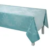 French Tablecloth sized 69x126 in aqua 100% cotton jacquard woven in France