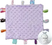 Fleece Plush Tag Security Blankets for Babies, Soft Small Loveys for Girls, Baby Comforter Sensory Blanket, Great Gifts for Birthday Baby Shower (10"X10" /24.5X24.5cm Purple Tag)