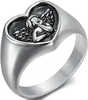 [Jude Jewelers] Stainless Steel Heart Shaped Signet Style Angel Pattern Statement Promise Wedding Ring