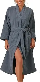 [cheibear] Womens Fluffy Fleece Robe Long Sleeve Thick Plush Self Tie Long Bathrobe for After Shower Spa Bath Suana Grey M