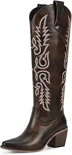 [wetkiss] Womens Cowboy Boots Side Zipper Dark Brown Cowgirl Boots Knee High Retro Tall Cowgirl Boots Vintage Embroidery Pointed Toe Chunky Heel Ladies Red Tall Boots