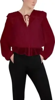 BCBGMAXAZRIA CORDOVAN Women's Ruffled Tie Neck Blouse, US Small