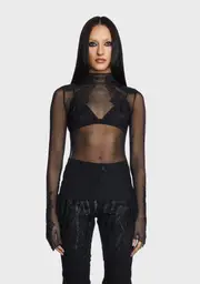 [Punk Rave] Goth Feather Decal Mesh Top