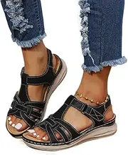 [ROMDS] Open Toe Buckle Ankle Strap Flatform Wedge Casual Sandal Summer Beach Sandals Fashion Ladies Bohemia Platform PU Leather Flip Flops Sandals,Black,US6/EU37
