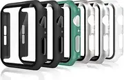 RINGSUN 6-Pack Screen Protector Case Compatible with Apple Watch 44mm 42mm 45mm, Slim Case Bumper with Built-in Tempered Glass Film (Black x2, Silver, Clear, Rose Gold, Red) (44mm)