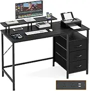 Miazya Computer Desk with Power Outlets, Gaming Table with 4 Drawers, Office Desk with Monitor Stand, Work Table Have Reversible Storage Shelves, Gaming Desks for Home Office Black