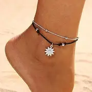 [Tummy Tub] Bracelets,Bracelet Jewellery,Anklet String Charm,Mom Bracelet Anklets Gothic Boho Anklet Sun Double Foot Beads Chain Jewelry Bo Beach Anklet Wristwatch (Color : Silver)