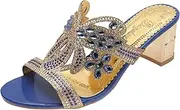 [Generic] Women Fashion Rhinestones Heeled Slides Glitter Sequins Low Heel Mules Sandals Open Peep Toe Hoilday Flip Flops (13 Blue 4.5 UK)