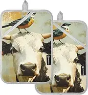 AIXIWAWA Bird on Cow Pot Holders 2 Pack, Insulated Heat Resistant Hot Pads Oven Mitts with Pocket for Kitchen Cooking Baking 7x9.8 inches