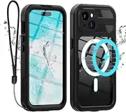 for iPhone 15 Plus 5G Waterproof Case,Compatible with Magsafe,Hybrid Rugged Shockproof Full Body Protective,with Lanyard,Clear Lens/Screen Protector Cover for iPhone 15 Plus 6.7 inch 2023,Black