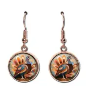Whimsy Thanksgiving Turkey - Handmade Round Resin Dangling Earrings 16mm