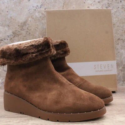 Steve Madden Wedge Booties Women Sz 10W Brown Bingo Natural Suede Comfort Cuffed