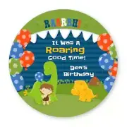 Dinosaur and Caveman - Round Personalized Birthday Party Sticker Labels 6 sizes
