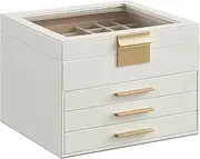 SONGMICS Jewelry Box with Glass Lid, 4-Layer Jewelry Organizer, 3 Drawers, for Big and Small Jewelry, Jewelry Storage, 8 x 9.1 x 6.5 Inches, Cloud White and Gold Color UJBC173W01